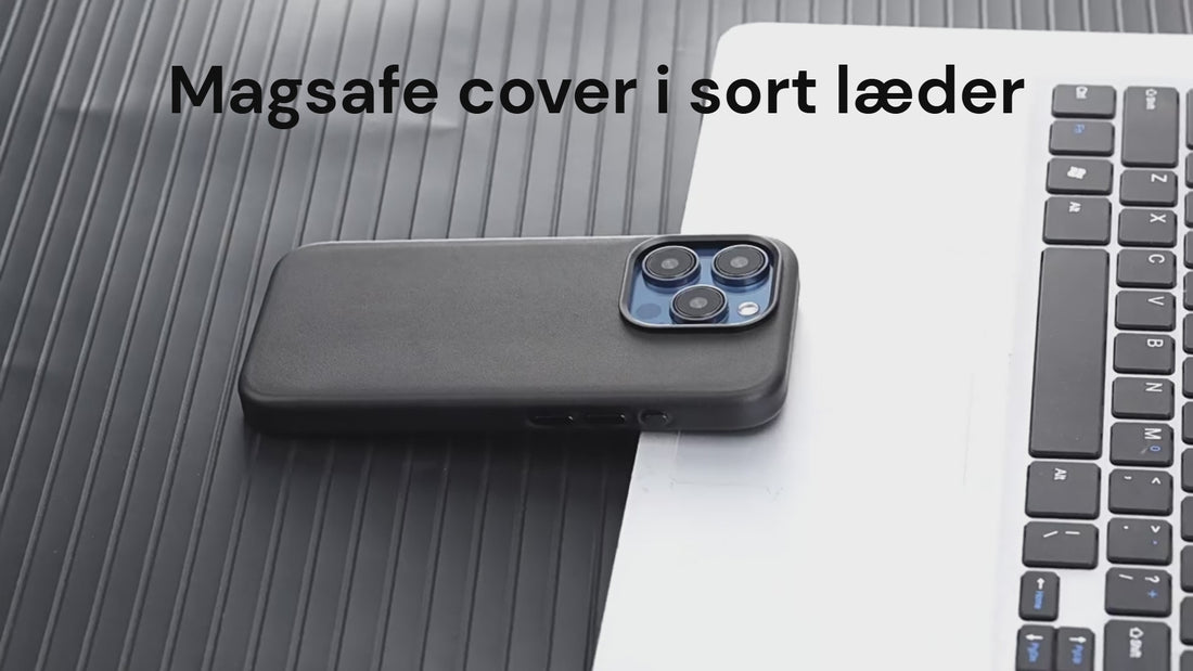 Læder magsafe cover i sort, vises i forskellige funktioner