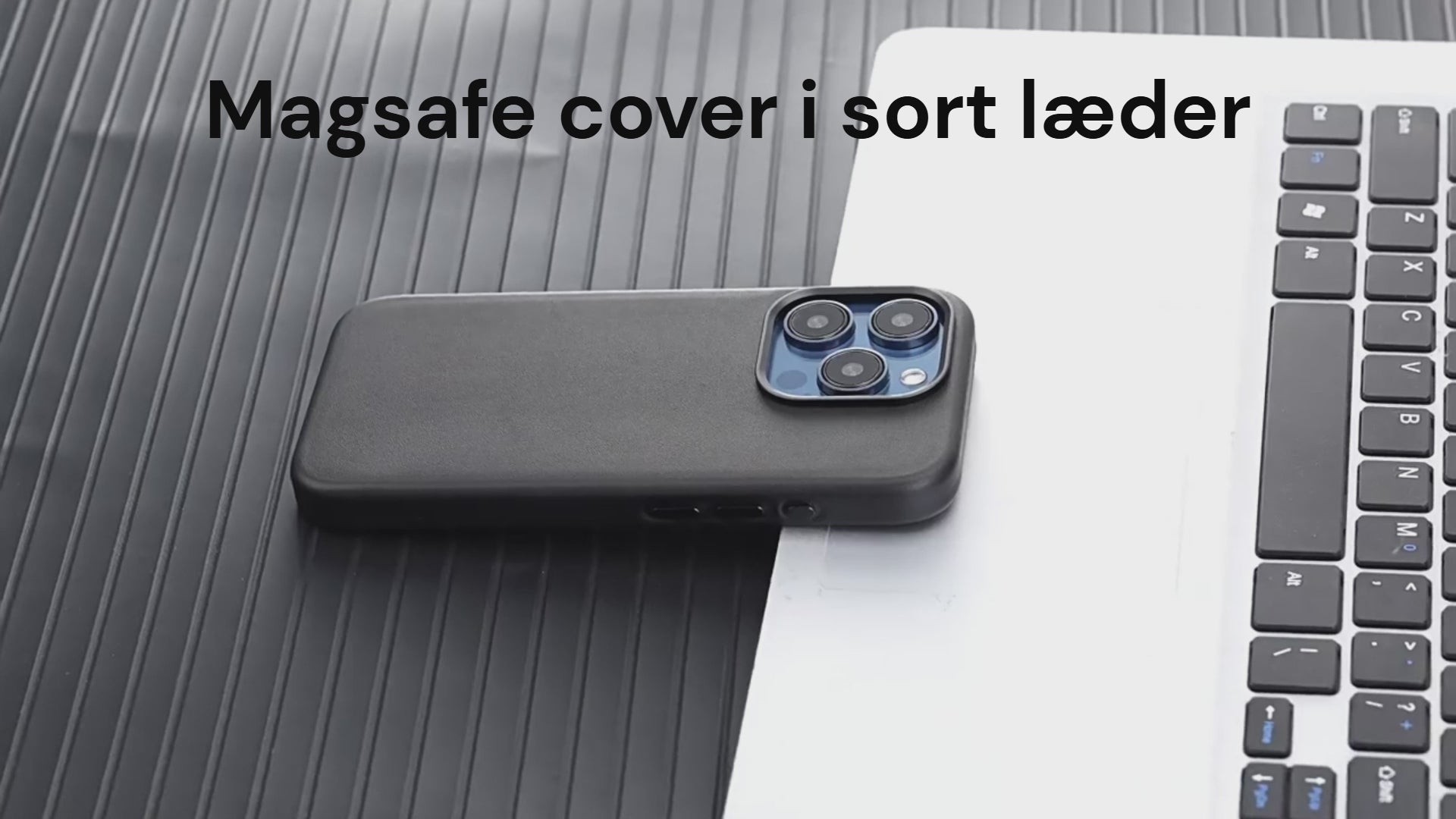 Læder magsafe cover i sort, vises i forskellige funktioner