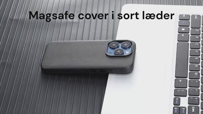 Læder magsafe cover i sort, vises i forskellige funktioner