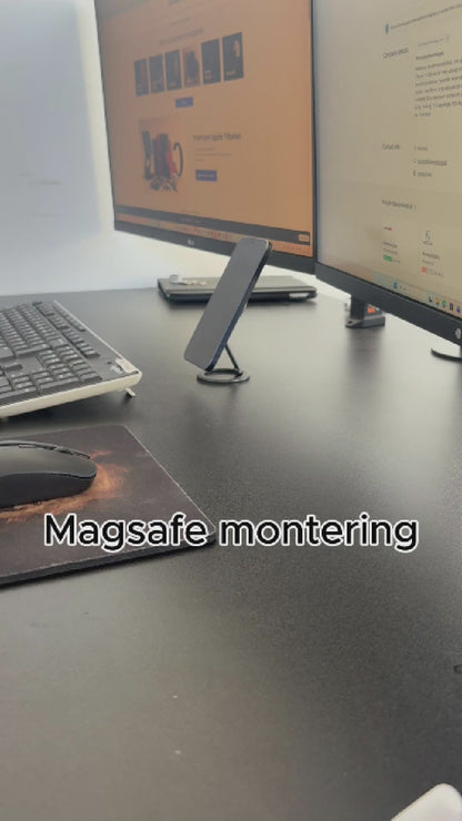 Demonstration af magnetisk Magsafe iPhone-holder til skrivebord fra boksencover.dk – brug din telefon som ekstra skærm ved computeren.