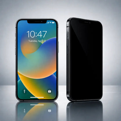 Privacy panserglas med anti-spy effekt – skærmen er synlig forfra og helt sort fra siden