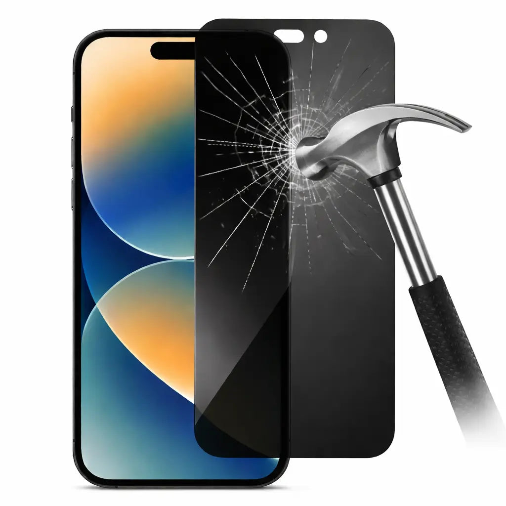 Privacy panserglas til iPhone der beskytter skærmen mod slag og stød – hammer rammer glasset uden at skærmen går i stykker