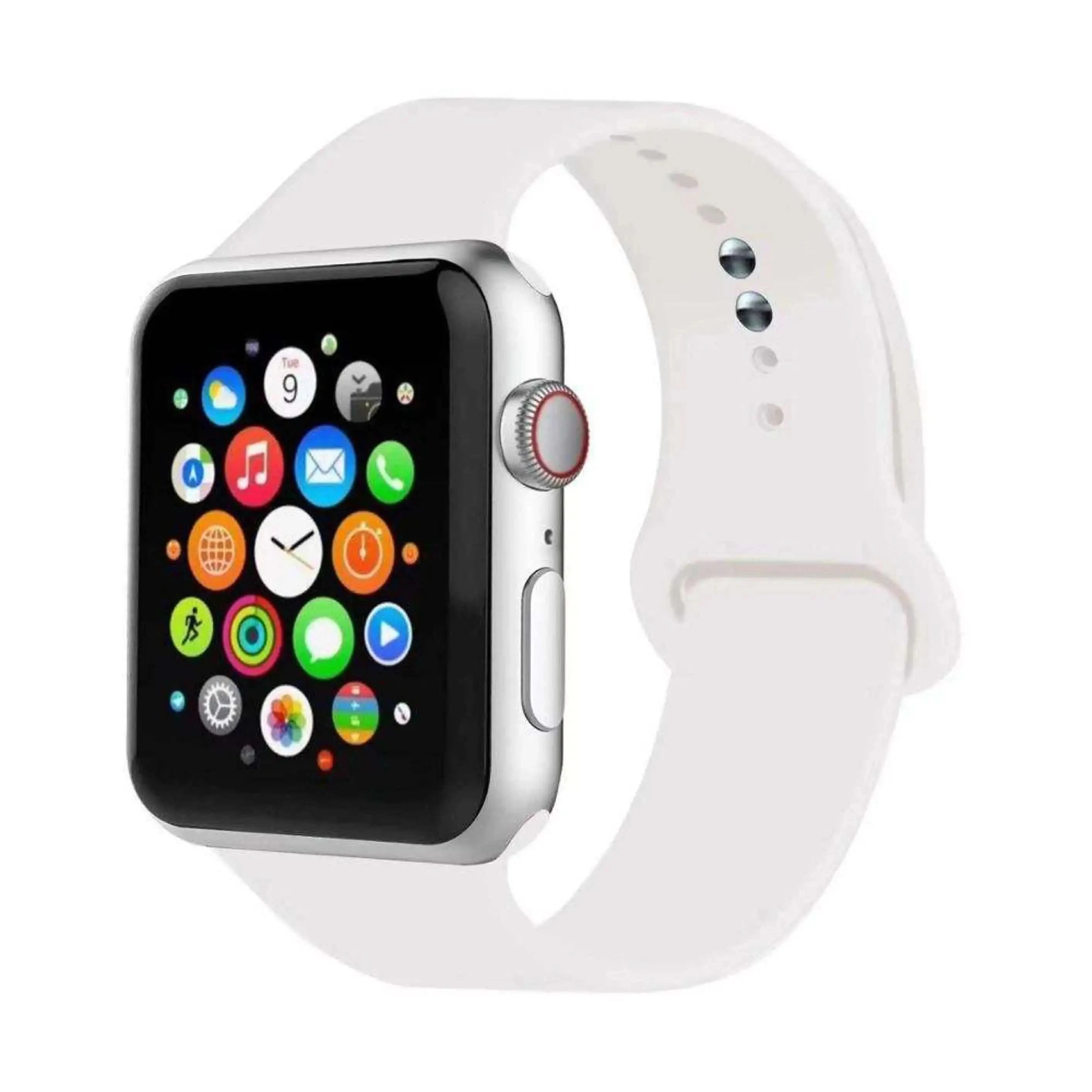 Hvid sportsrem til Apple Watch – silikone, monteret på ur, set forfra