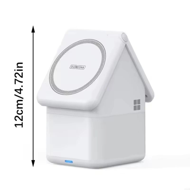 4-i-1 trådløs oplader hus med dimensioner vist – kompakt design på 12 cm i højden.