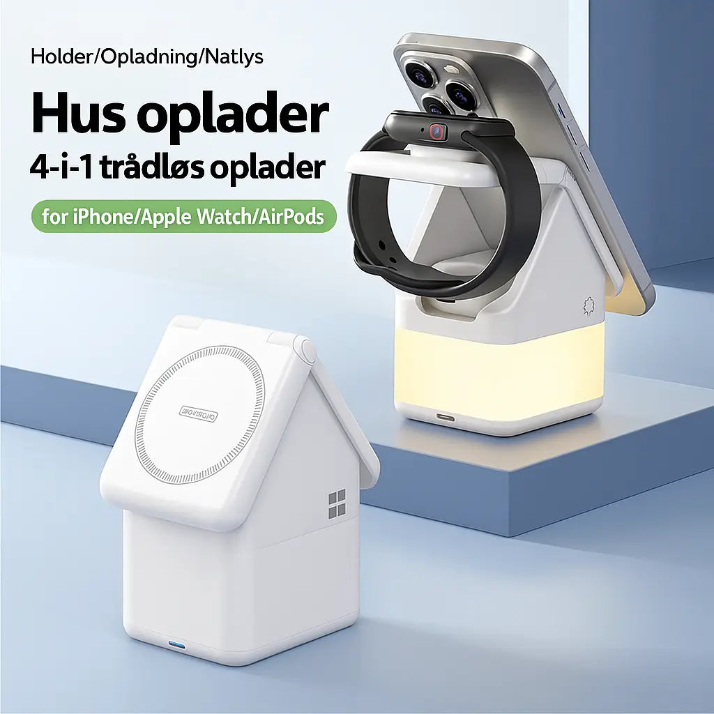 4-i-1 trådløs oplader hus – oplad iPhone, Apple Watch, AirPods og brug som natlys.