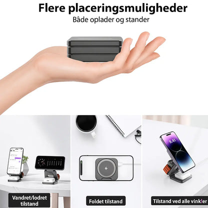 Flere placeringsmuligheder for trådløs oplader – lodret, vandret, foldet