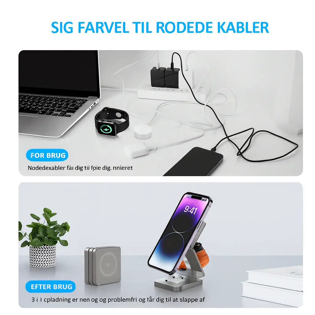 Sammenligning før og efter brug af trådløs oplader – mindre kabelrod