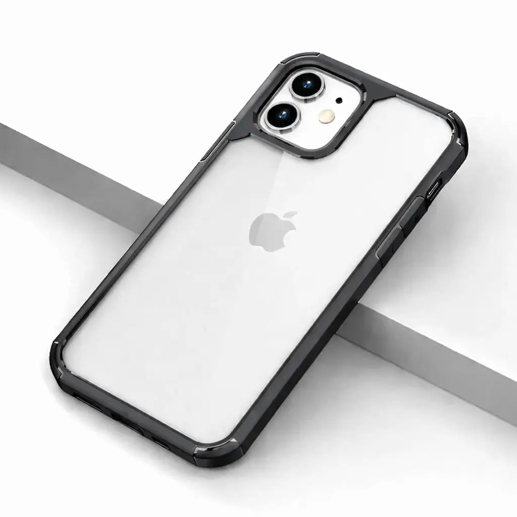 Transparent iPhone cover med sort stødsikker ramme og forhøjet kamerabeskyttelse
