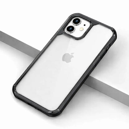 Transparent iPhone cover med sort stødsikker ramme og forhøjet kamerabeskyttelse