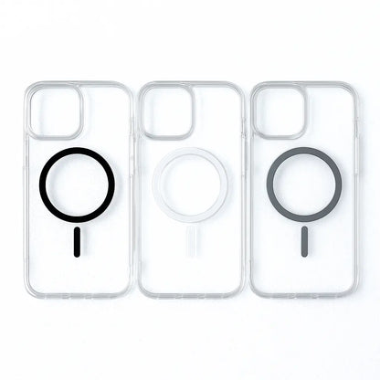 Tre transparente MagSafe covers til iPhone – farvevarianter med sort, hvid og grå MagSafe ring, perfekt pasform og minimalistisk design.