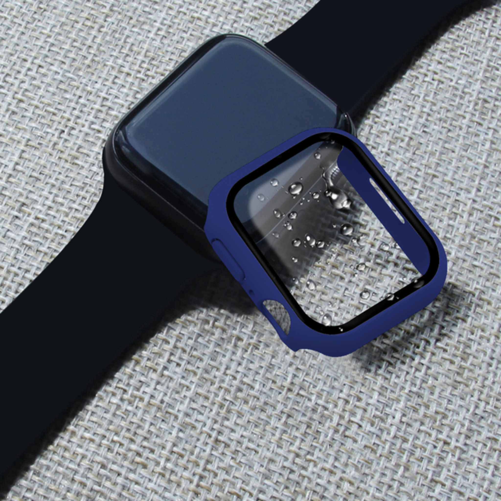 Blåt cover case med hærdet glas til Apple Watch – vises med blå stofrem